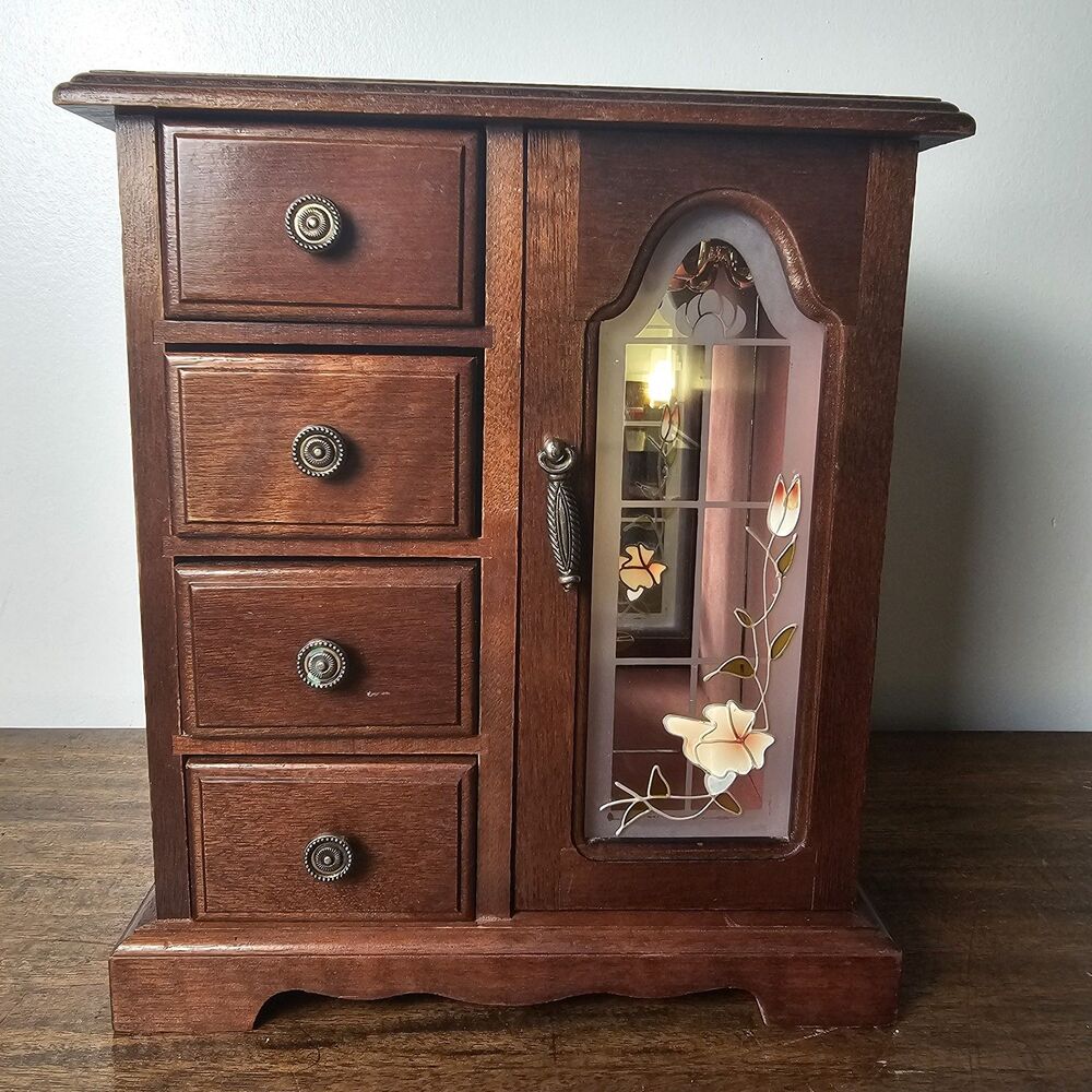 Vintage Mele Wooden Jewelry Armoire with Etched Floral Glass Door